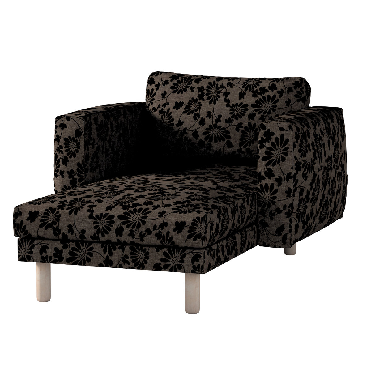 Pokrowiec na szezlong Norsborg z podłokietnikami, czarne kwiaty na brązowym tle, 110 x 157 x 85 cm, Living II