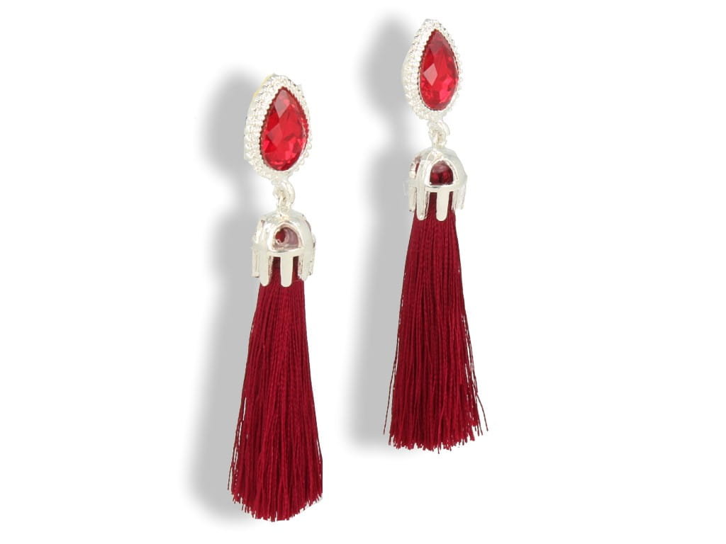 Klipsy do uszu długie wiszące srebrne bordowe sznurki