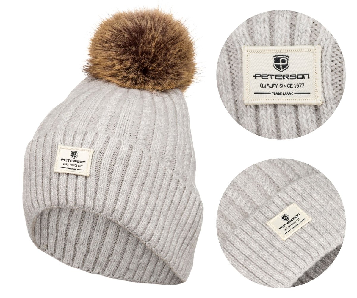 Elegancka czapka z pomponem szara PETERSON damska na zimę i jesień
