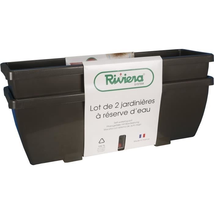 Skrzynka na kwiaty RIVIERA EVA - Zestaw 2 doniczek - Plastik - 57 cm - Szary