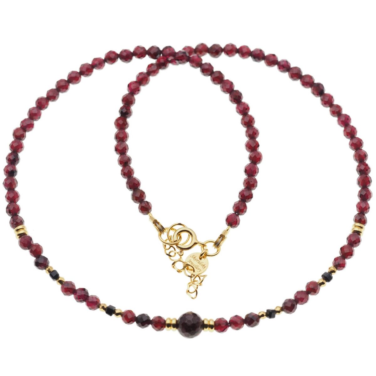 Naszyjnik - Granat, Turmalin czarny, Hematyt i srebro złocone