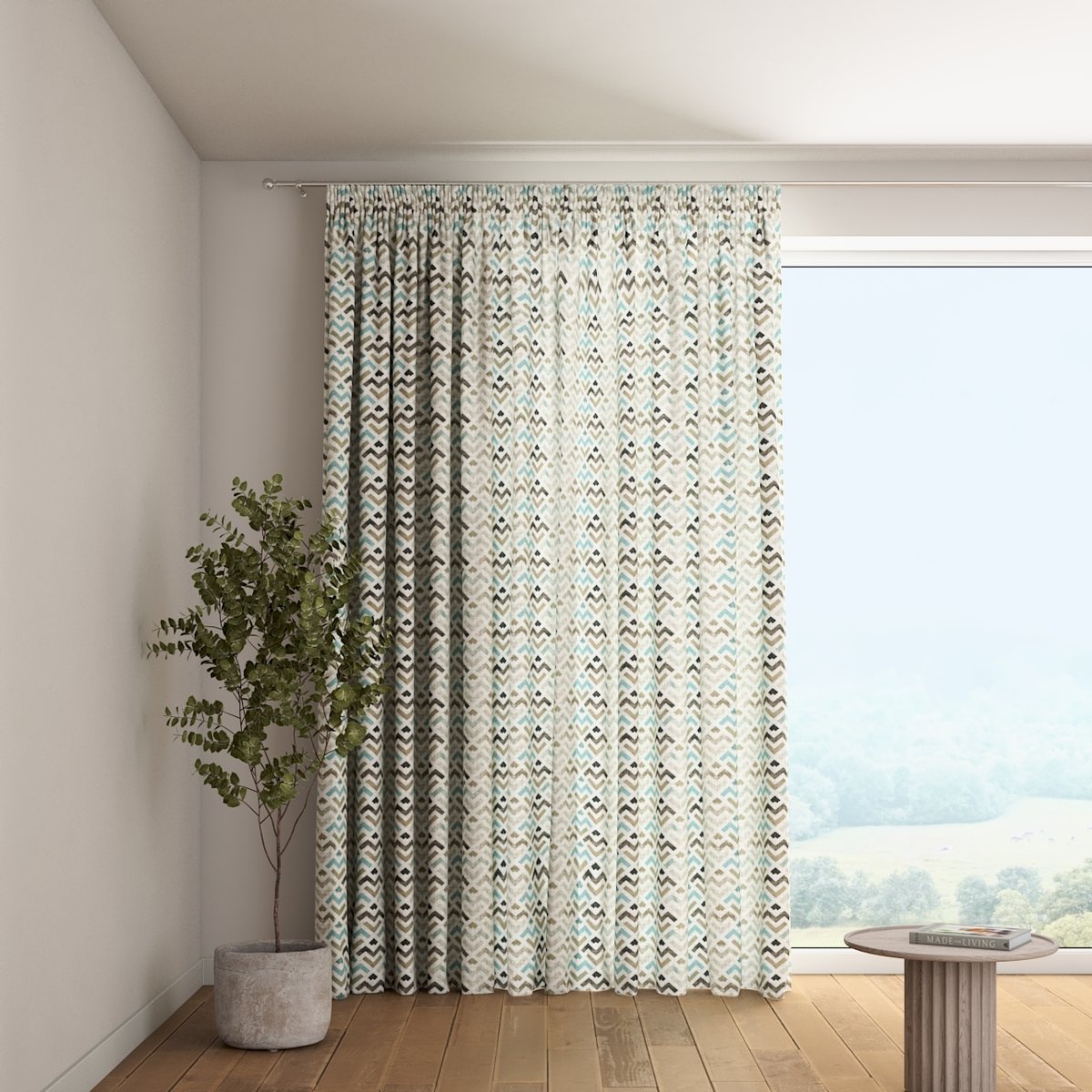 Zasłona na taśmie marszczącej 1 szt., wzór geometryczny w odcieniach pastelowego błękitu i beżu na jasnym tle , Modern