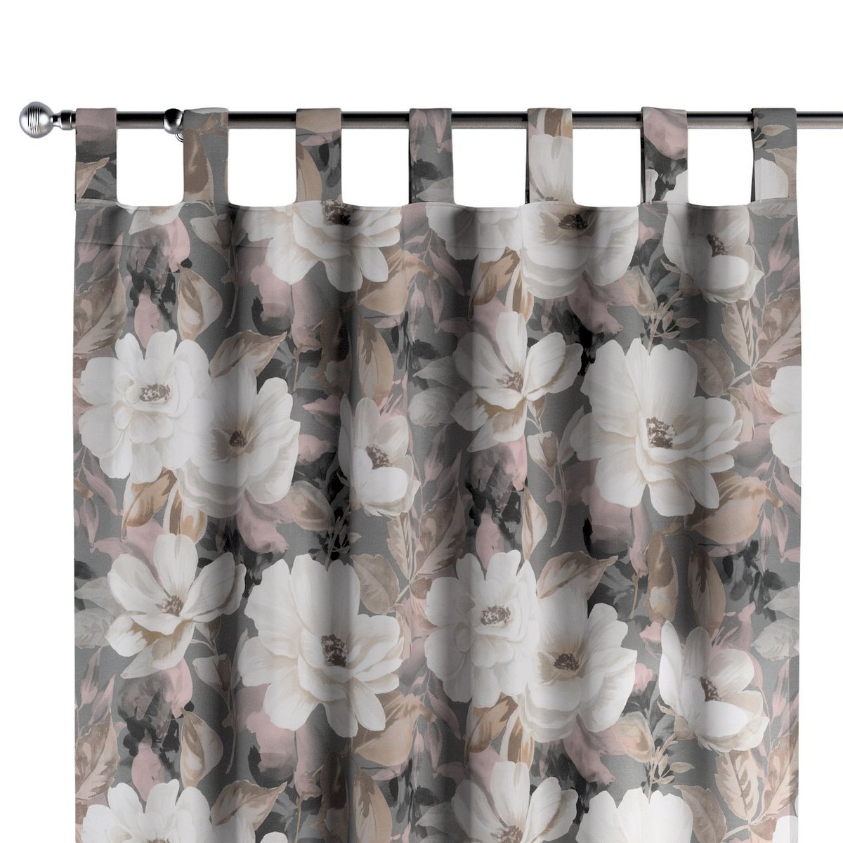 Zasłona na szelkach 1 szt., kremowe i różowe kwiaty na szarym tle , Gardenia
