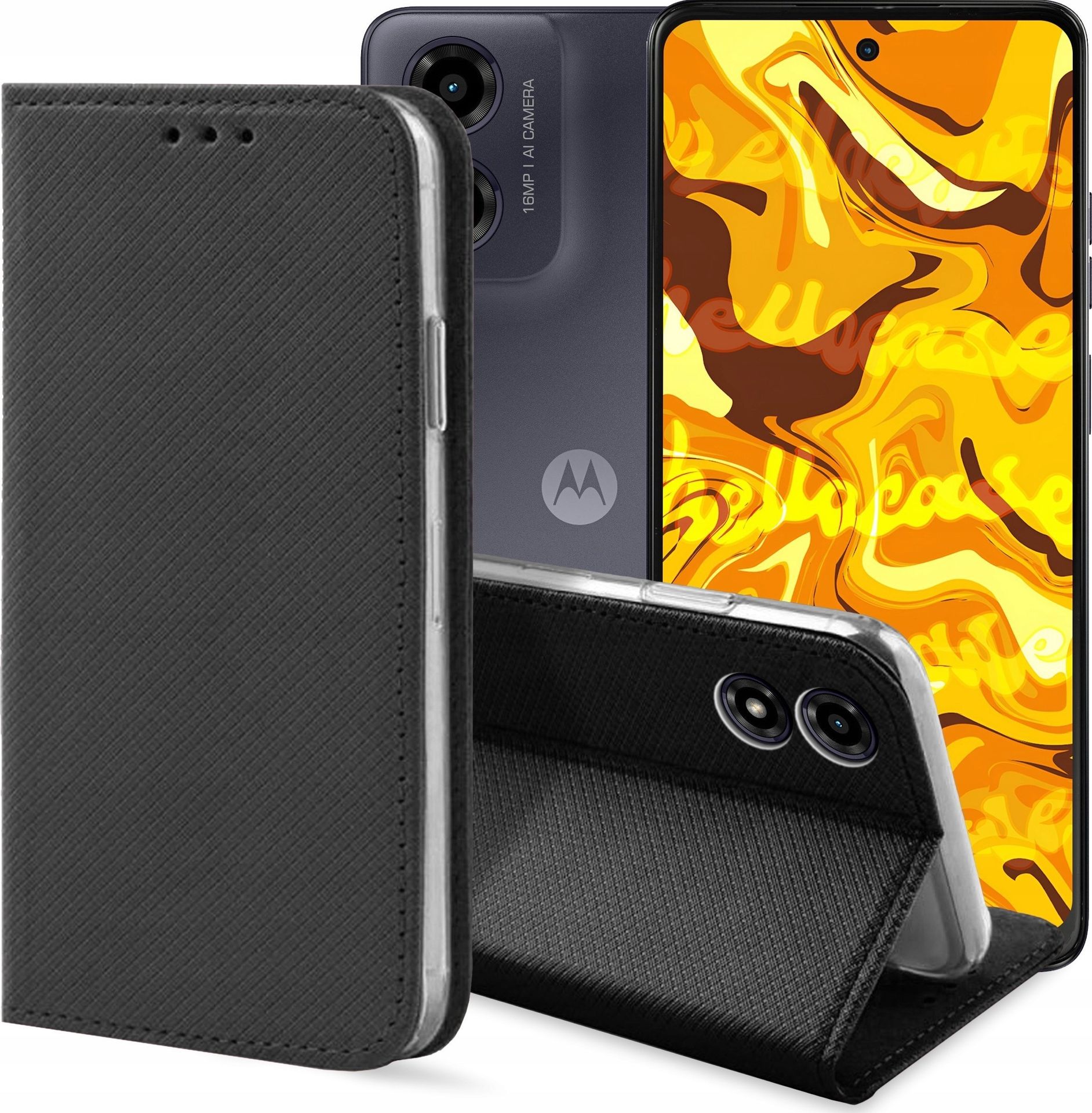 Hello Case ETUI Z KLAPKĄ DO Motorola Moto G04 / G24 / E14 CZARNE ZAMYKANE MAGNETYCZNE
