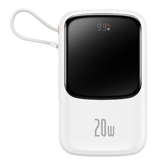 Baseus Qpow Digital Display powerbank z szybkim ładowaniem 10000mAh 20W QC/PD/SCP/FCP z wbudowanym kablem Lightning biały