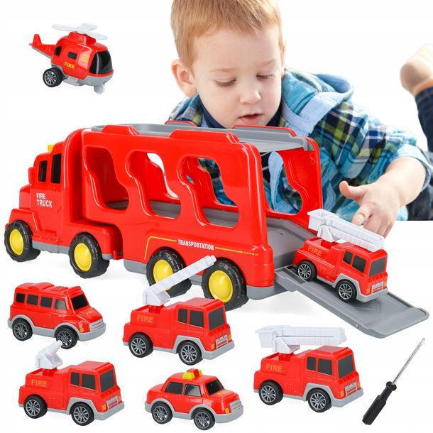 Straż Pożarna 7w1 Zabawkowe Autka Wóz Strażacki Ciężarówka Transportowa
