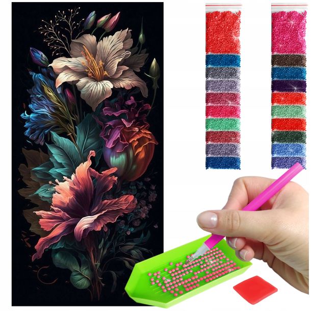 Haft Diamentowy 40x80 Diamond Painting mozaika KWIATY NA CZARNYM TLE zestaw akcesoria