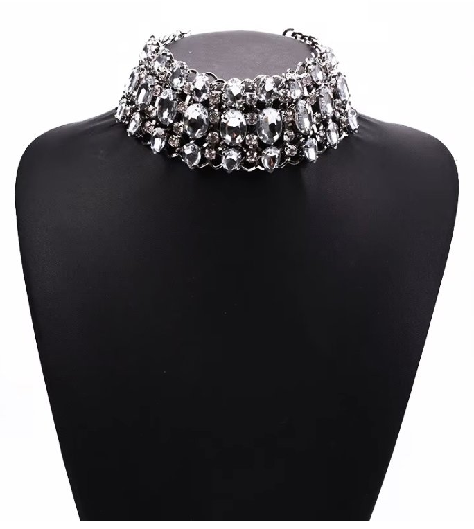 SREBRNY szeroki CHOKER ozdoby na szyję kolia z cyrkoniami elegancka