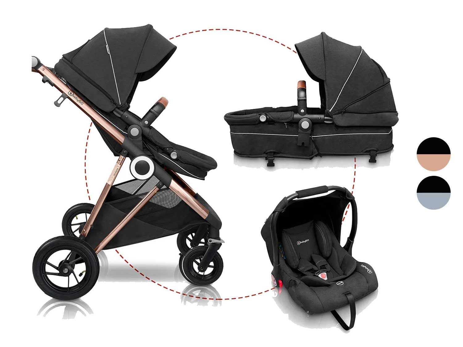 BabyGO Wózek 3w1 Buggy «Halime AIR Pram », z gondolą, spacerówką i fotelikiem samochodowym
