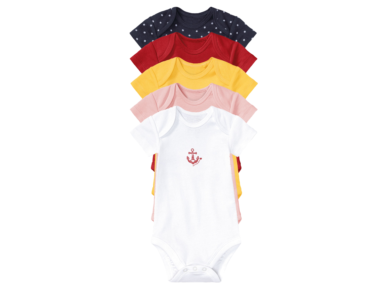 lupilu® Body niemowlęce z biobawełny, 5 sztuk (62-68, Biały/żółty/czerwony/różowy/granatowy)