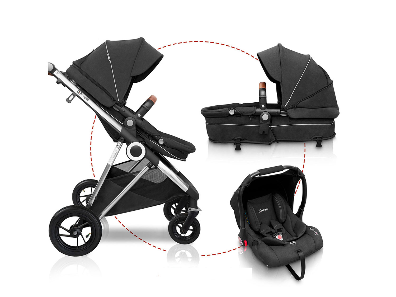 BabyGO Wózek 3w1 Buggy «Halime AIR Pram », z gondolą, spacerówką i fotelikiem samochodowym (czarny)