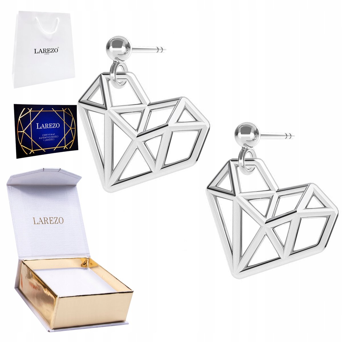 Kolczyki Srebrne 925 Ażurowe Serca Brylanty Klejnoty Diamenty Serduszka