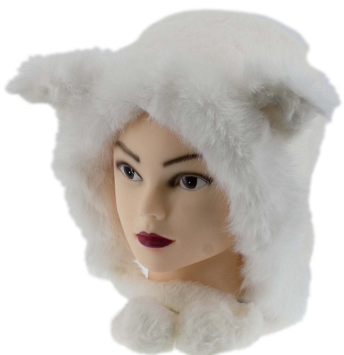 Ciepła Zimowa Czapka Kobieca Z Futerkiem Biała Kotki Kocie Uszka Pompony