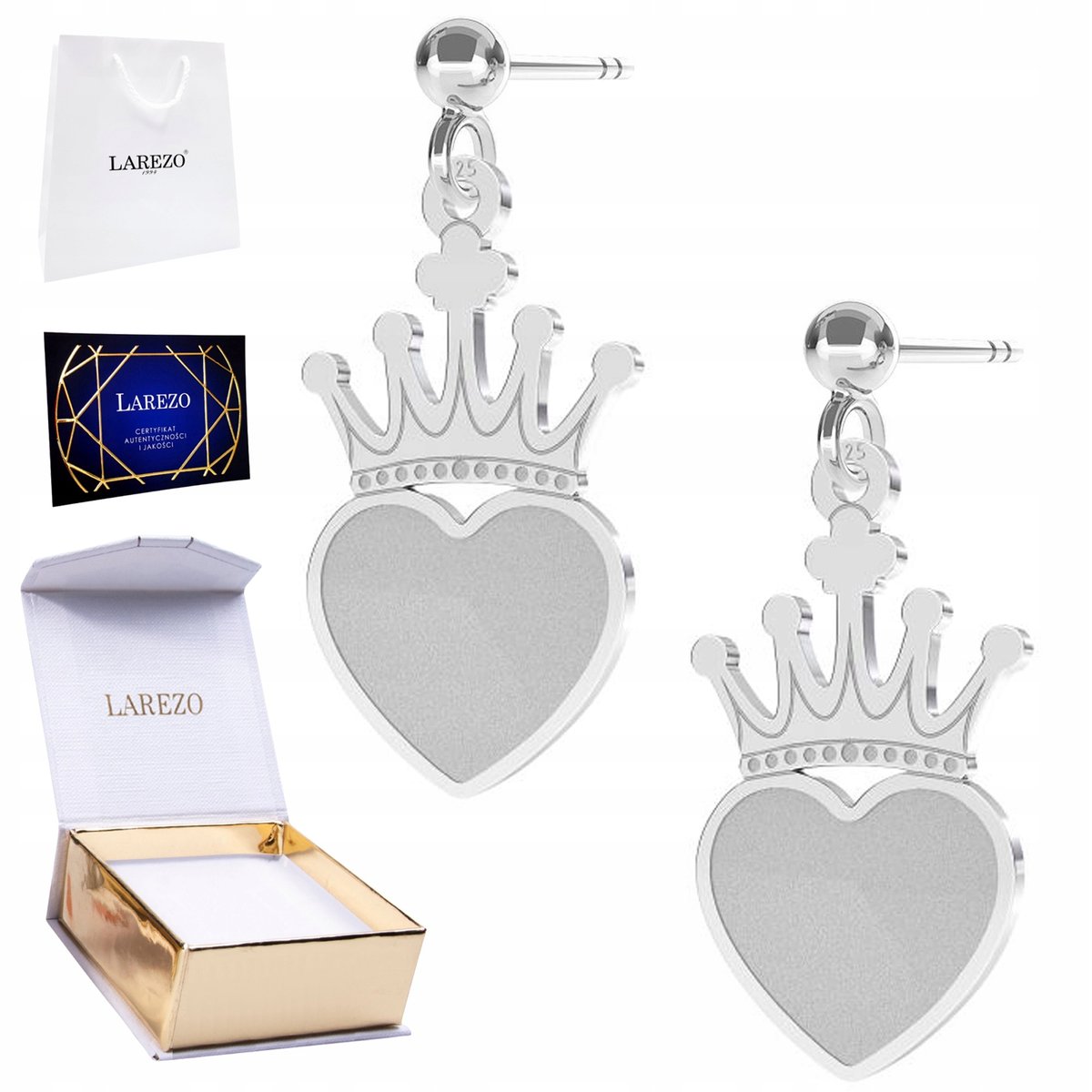 Kolczyki Srebrne 925 Korona z Sercem na Sztyfcie Miłość Love Serca Korony