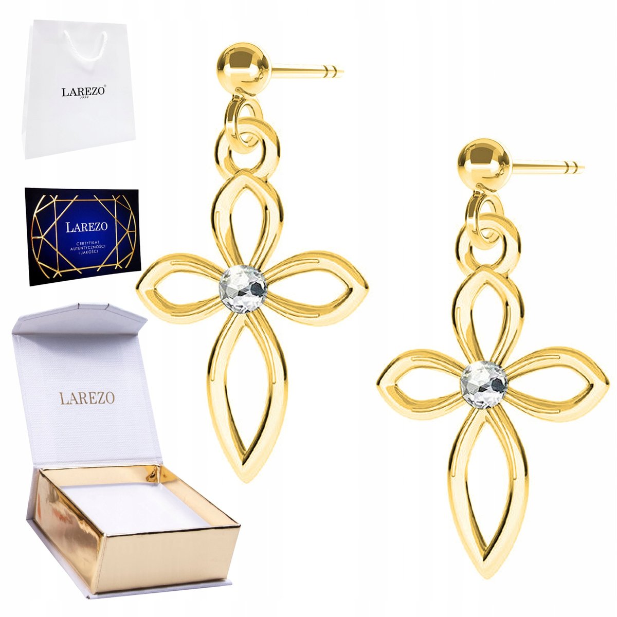 Złote Kolczyki 925 Krzyżyki Cyrkonie z Krzyżem na Sztyfcie Krzyże Krzyż 24K