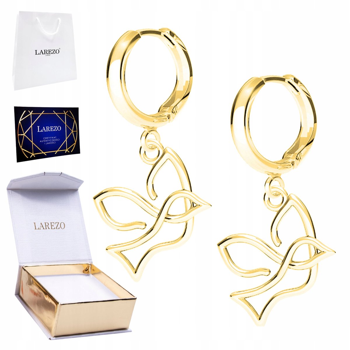 Złote Kolczyki 925 Pozłacane Ażurowe Ptaki Ażurowy z Ptakami Ptak Ptaszek