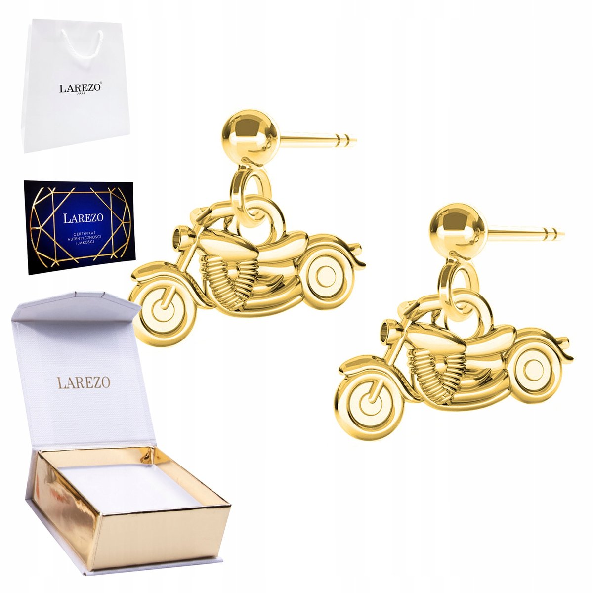 Złote Kolczyki 925 Motocykl Harley na Sztyfcie z Motorem Sztyft Motory 24K
