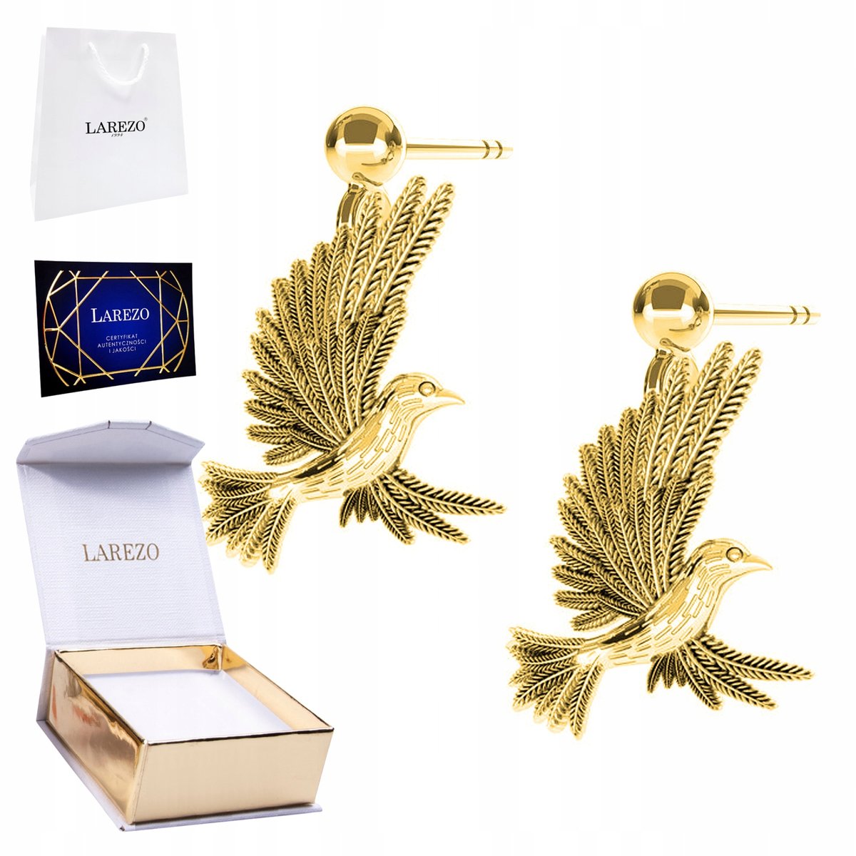Złote Kolczyki 925 Ptak Koliber Pozłacane z Kolibrami Kolibrem Kolibry 24K