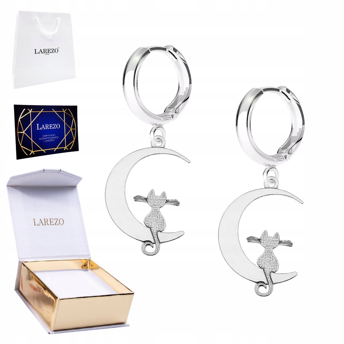 Kolczyki Srebrne 925 z Kotkami Kotami Urocze Koty na Księżyc Półksiężycu