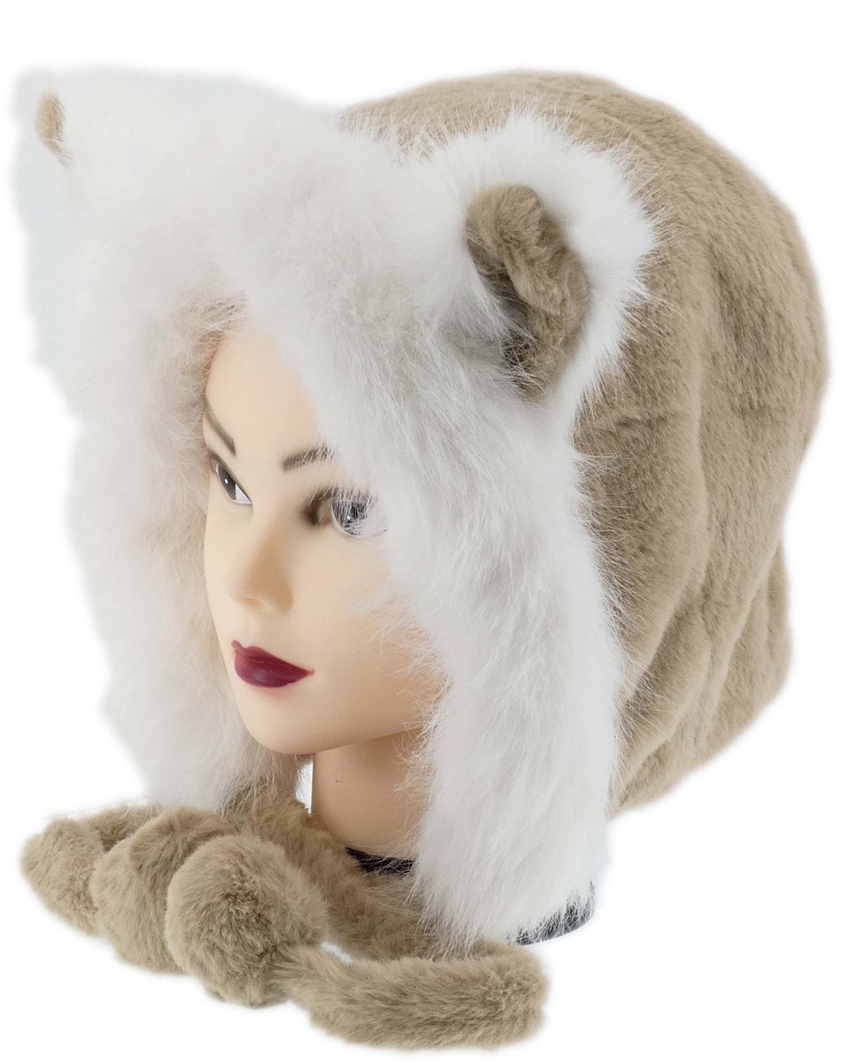 Ciepła Zimowa Czapka Kobieca Z Futerkiem Eco Brązowa Kotki Uszka Pompony