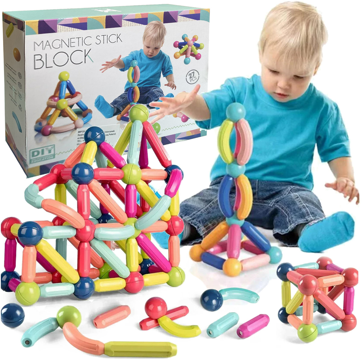 KLOCKI MAGNETYCZNE EDUKACYJNE KREATYWNE MAGNETYCZNE MAGNETIC STICKS 27 ele.