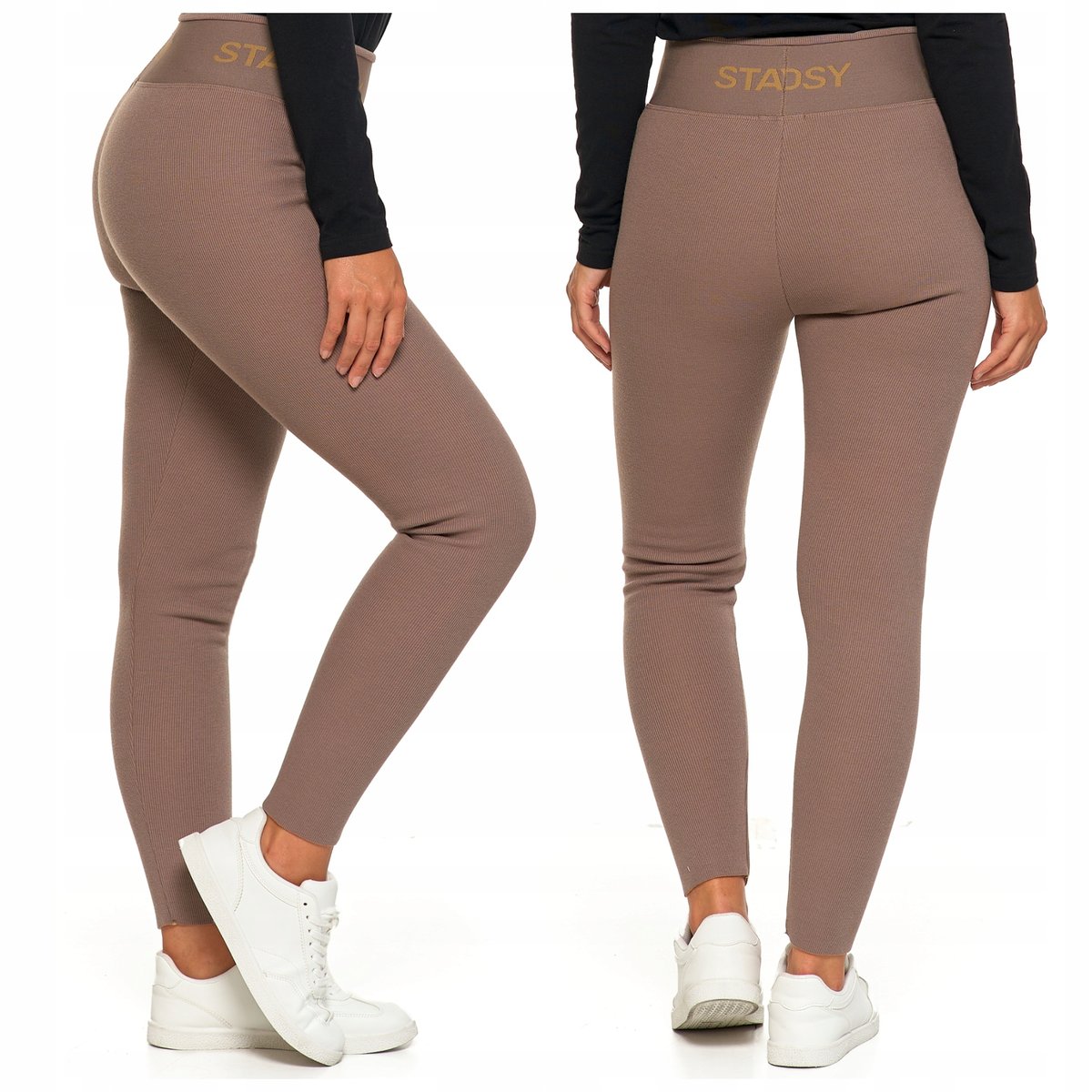 PRĄŻKOWANE LEGGINSY DAMSKIE MORAJ WYSOKI STAN WYGODNE SPORTOWE MOKKA S/M