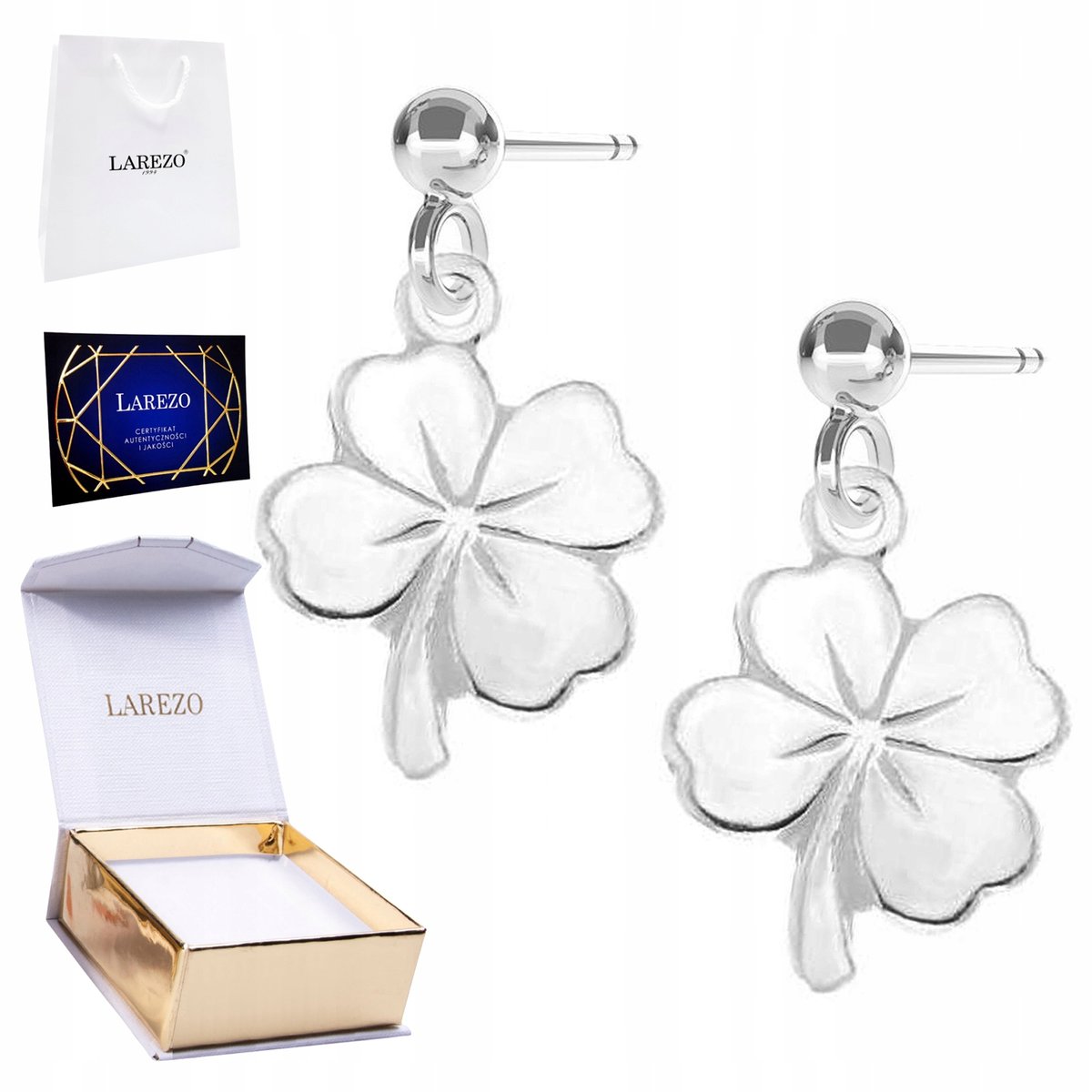 Kolczyki Srebrne 925 Czterolistna Koniczyna Koniczynki Kwiaty na Szczęście