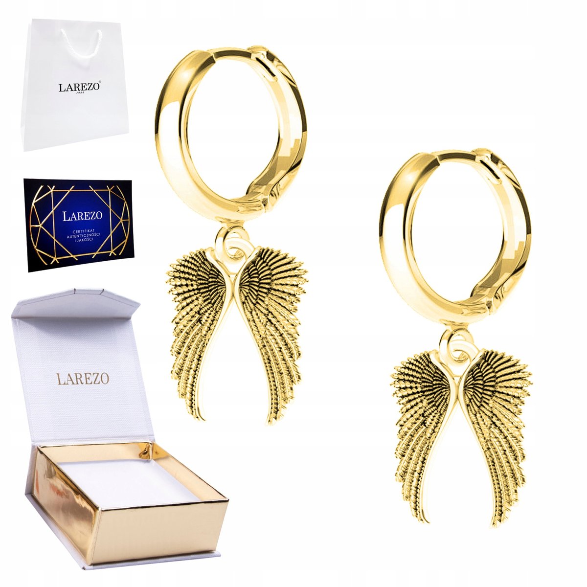 Złote Kolczyki 925 Pozłacane 999 Podwójne Skrzydło Dwa Skrzydła Anioła 24K