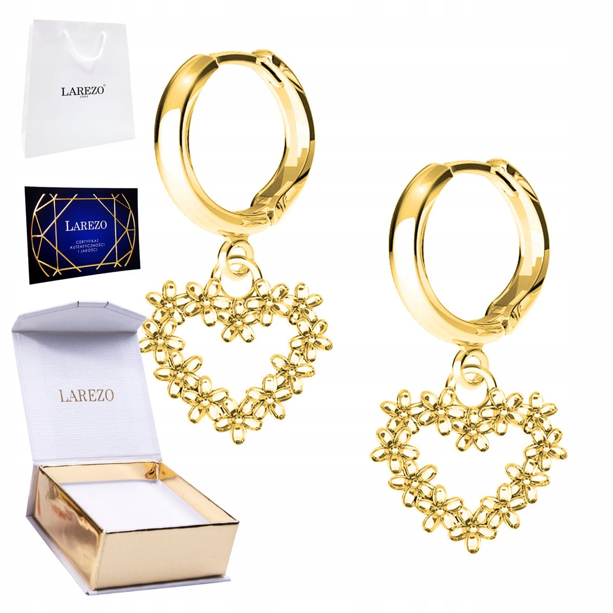 Złote Kolczyki 925 Pozłacane z Sercami Kwiatami Ozdobne Serduszka Kwiaty