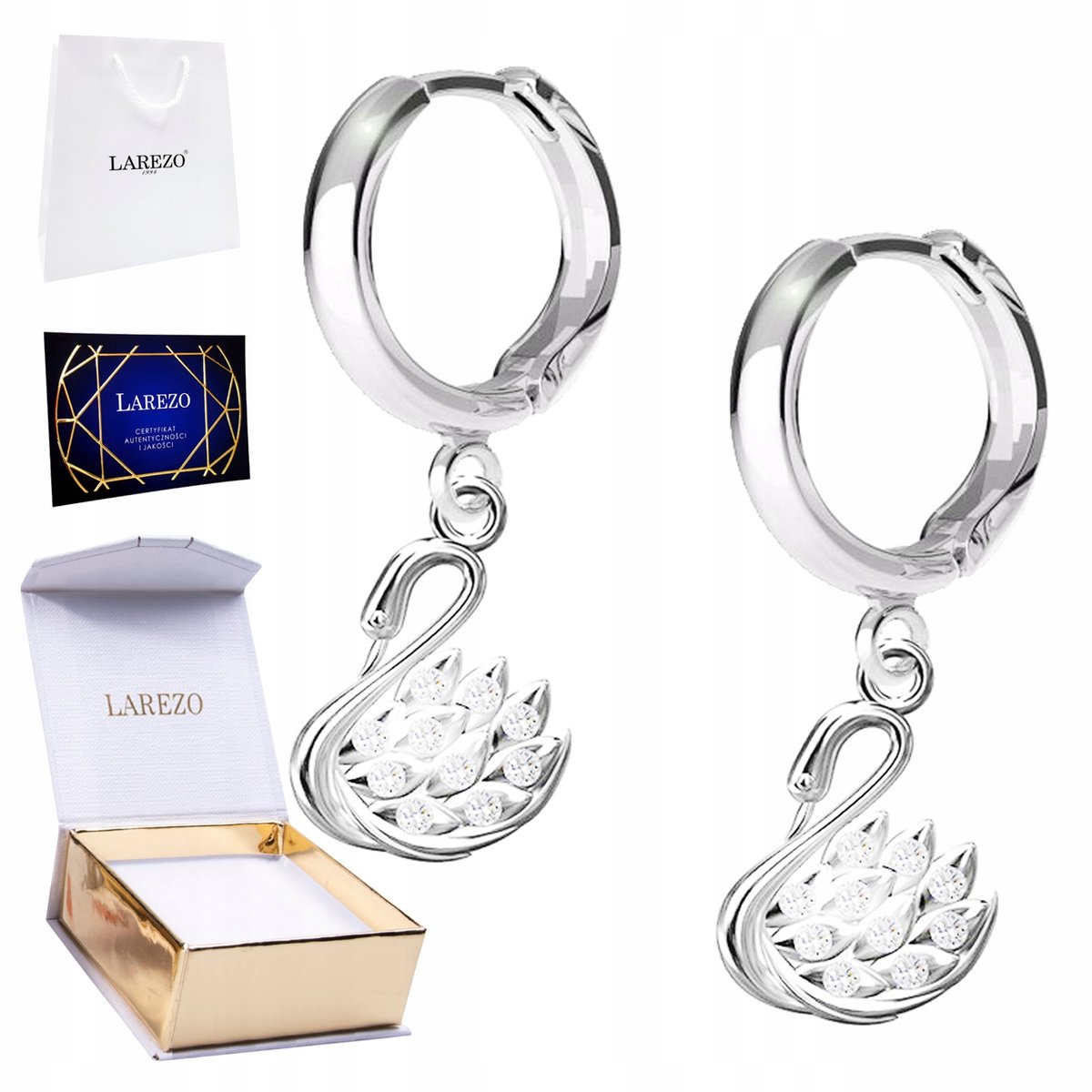 Kolczyki Srebrne 925 Lśniące Łabędzie Łabędź z Cyrkoniami Kryształkami