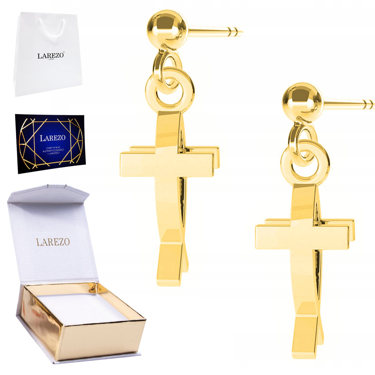 Złote Kolczyki 925 Blaszka z Krzyżem Krzyże Krzyż Rybka Ryba Krzyżyk 24K