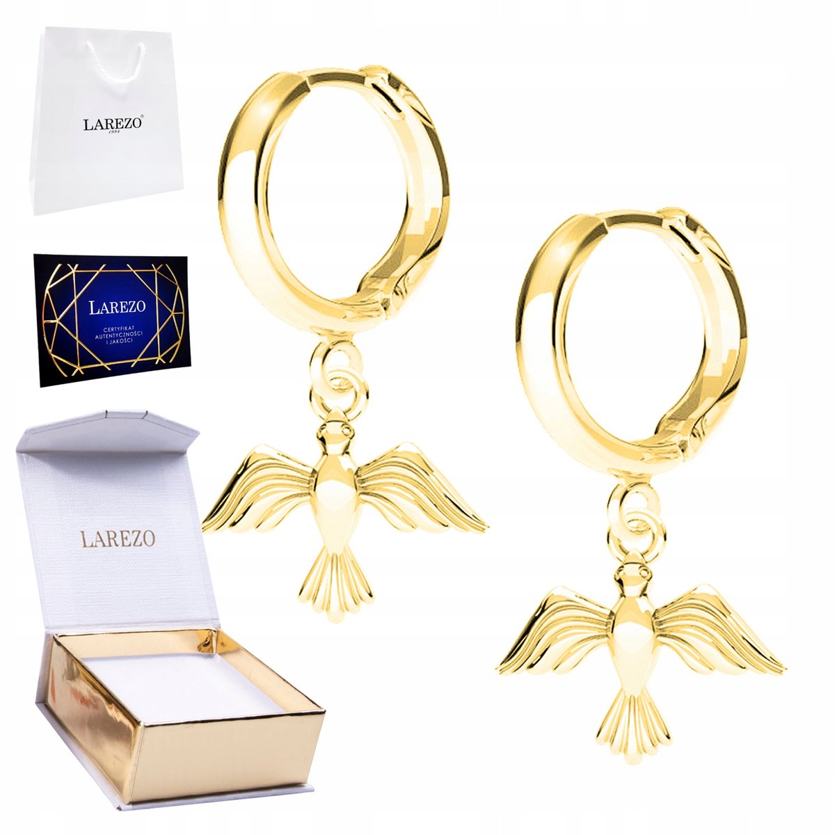 Złote Kolczyki 925 Pozłacane 999 z Ptaszkami Ptaszki Ptak Ptaki Ptaszek 24K