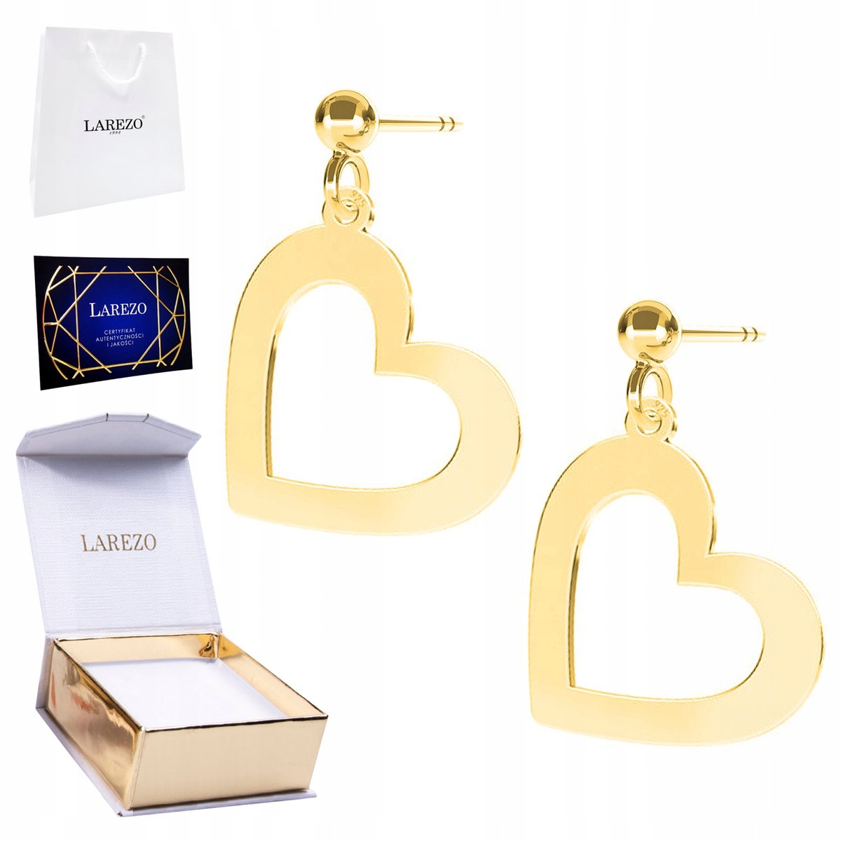 Złote Kolczyki 925 Pozłacane Serca Serduszka Love z Sercami Serduszkami 24K