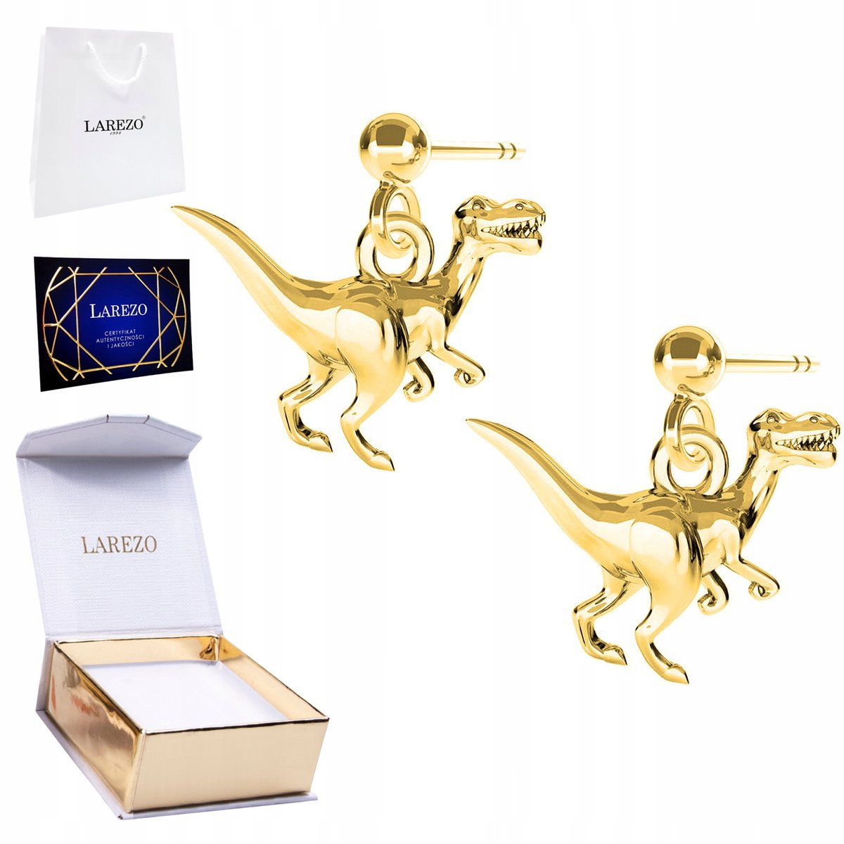 Złote Kolczyki 925 z Dinozaurem Dinozaurami na Sztyftach Dinozaury Dinozaur
