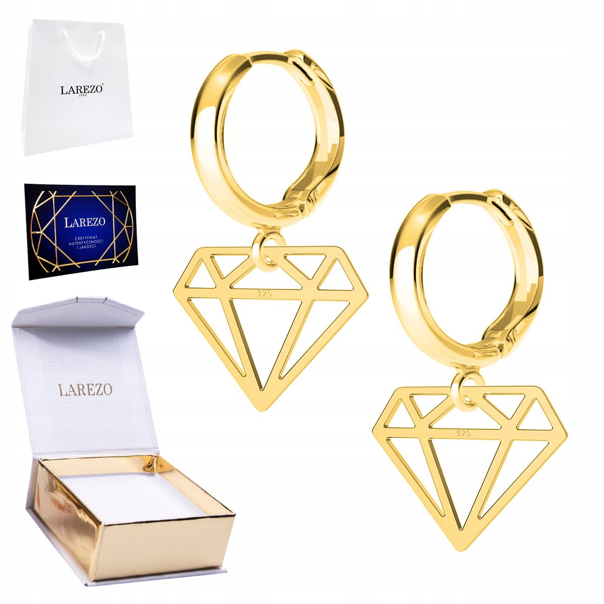 Złote Kolczyki 925 Ażurowe Diamenty Klejnoty Brylanty Diament Diamencik 24K
