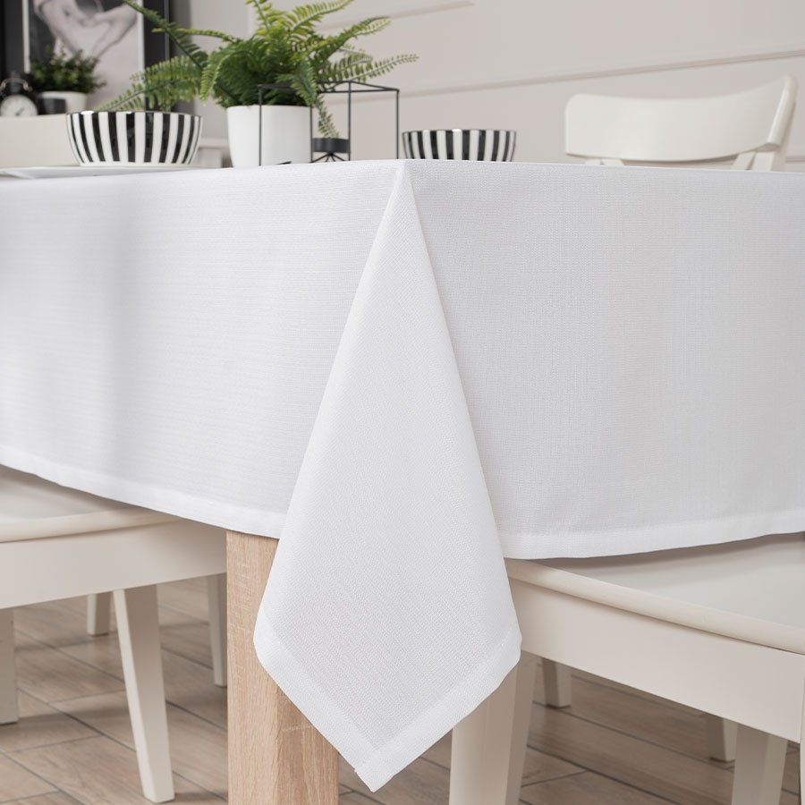 Gotowy obrus z tkaniny wodoodpornej o fakturze płótna, wykończony listwą, kolor biały, Aruba, rozmiar: 140x220 cm