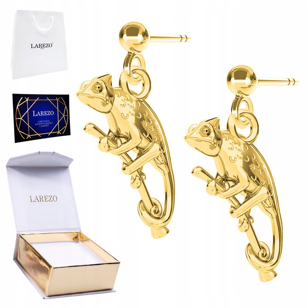 Złote Kolczyki 925 z Kameleonem Kameleon na Sztyfcie Kameleony Jaszczurki