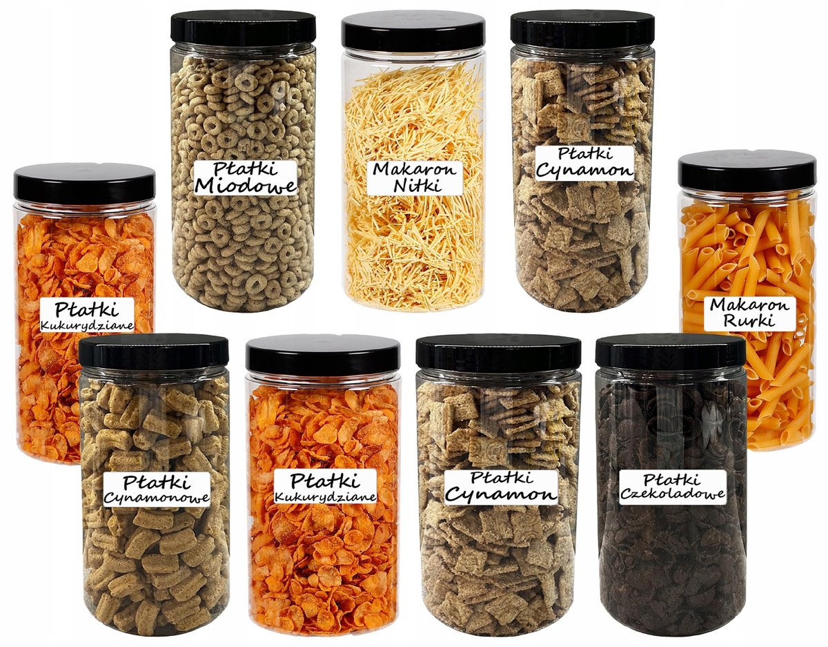 POJEMNIK PLASTIKOWY SŁOIK MAKARON 1,25L 8 SZTUK +ETYKIETY