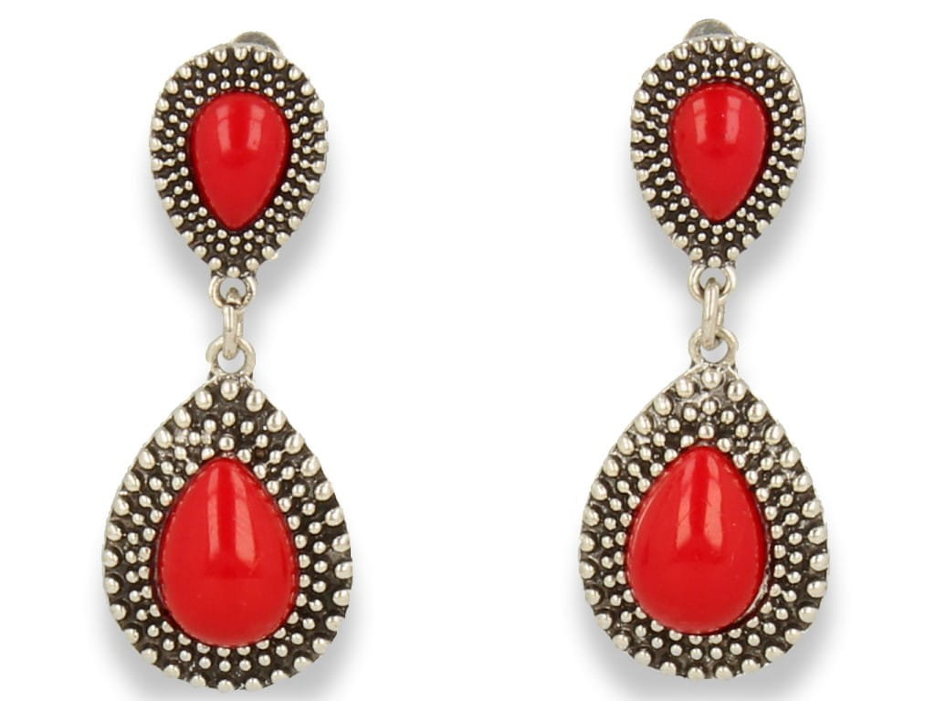 Klipsy do uszu srebrne wiszące czerwone vintage