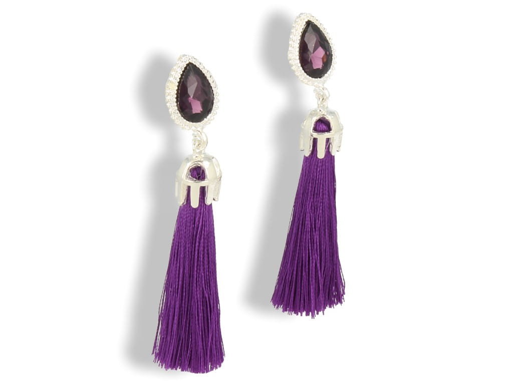 Klipsy do uszu długie wiszące srebrne fioletowe sznurki