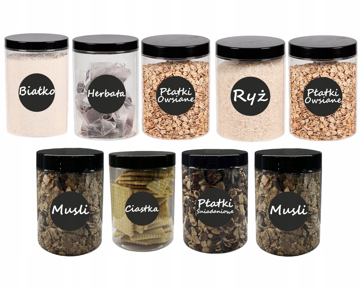 Pojemniki na żywność słoik kuchenny na makaron 750ml 9 sztuk + etykiety