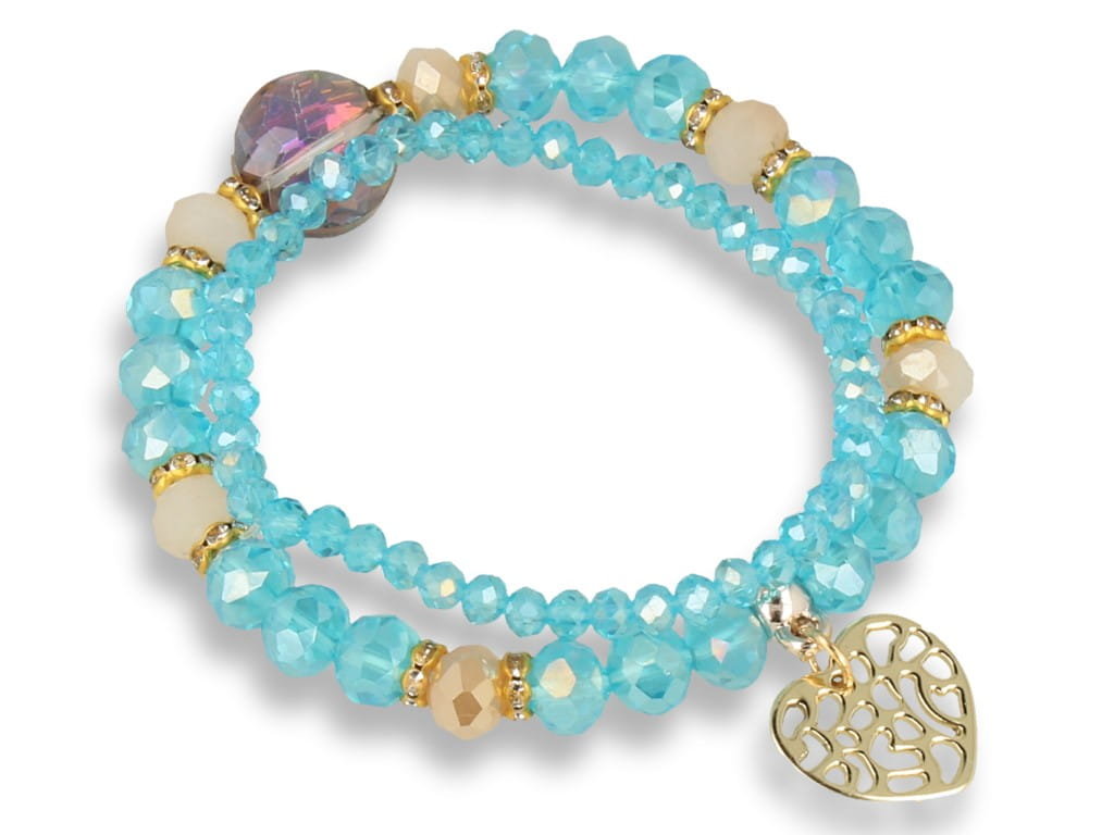 Bransoletka damska turkusowa podwójna z zawieszką serduszkiem