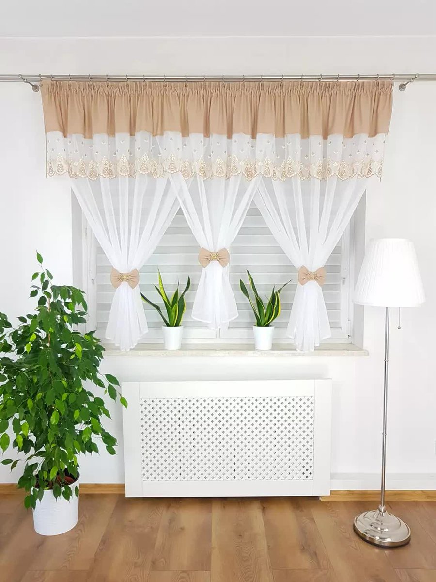 Firana z haftem zdobiona uroczymi kokardami-beżowa, eleganckie firanki do salonu gotowe