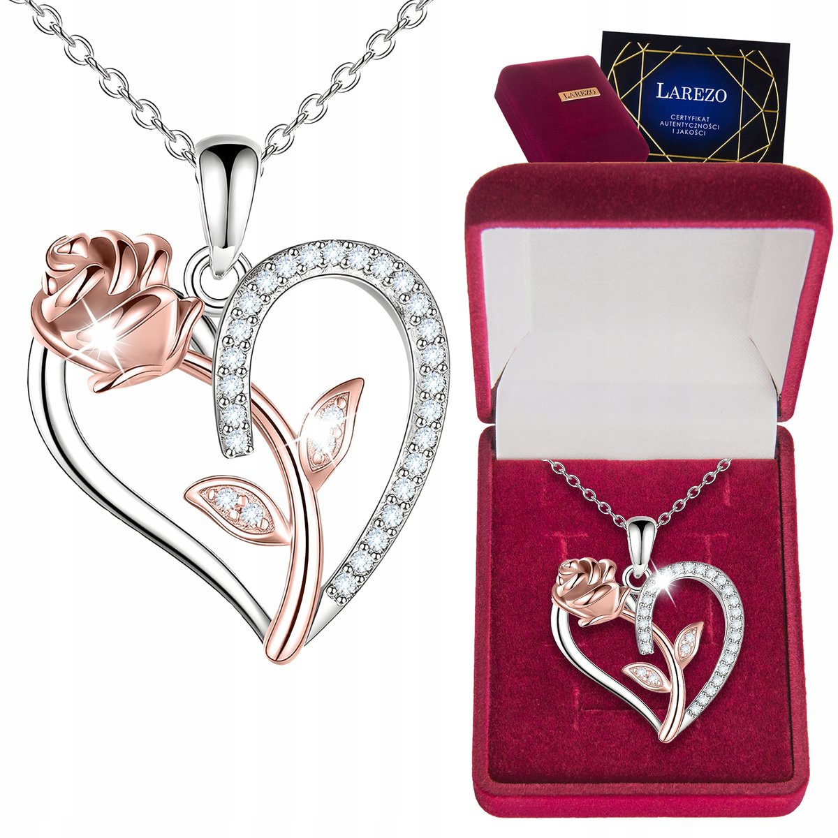 Naszyjnik 925 Pozłacany 18K Serce z Różą Sercem Cyrkonie Kwiat Serduszko