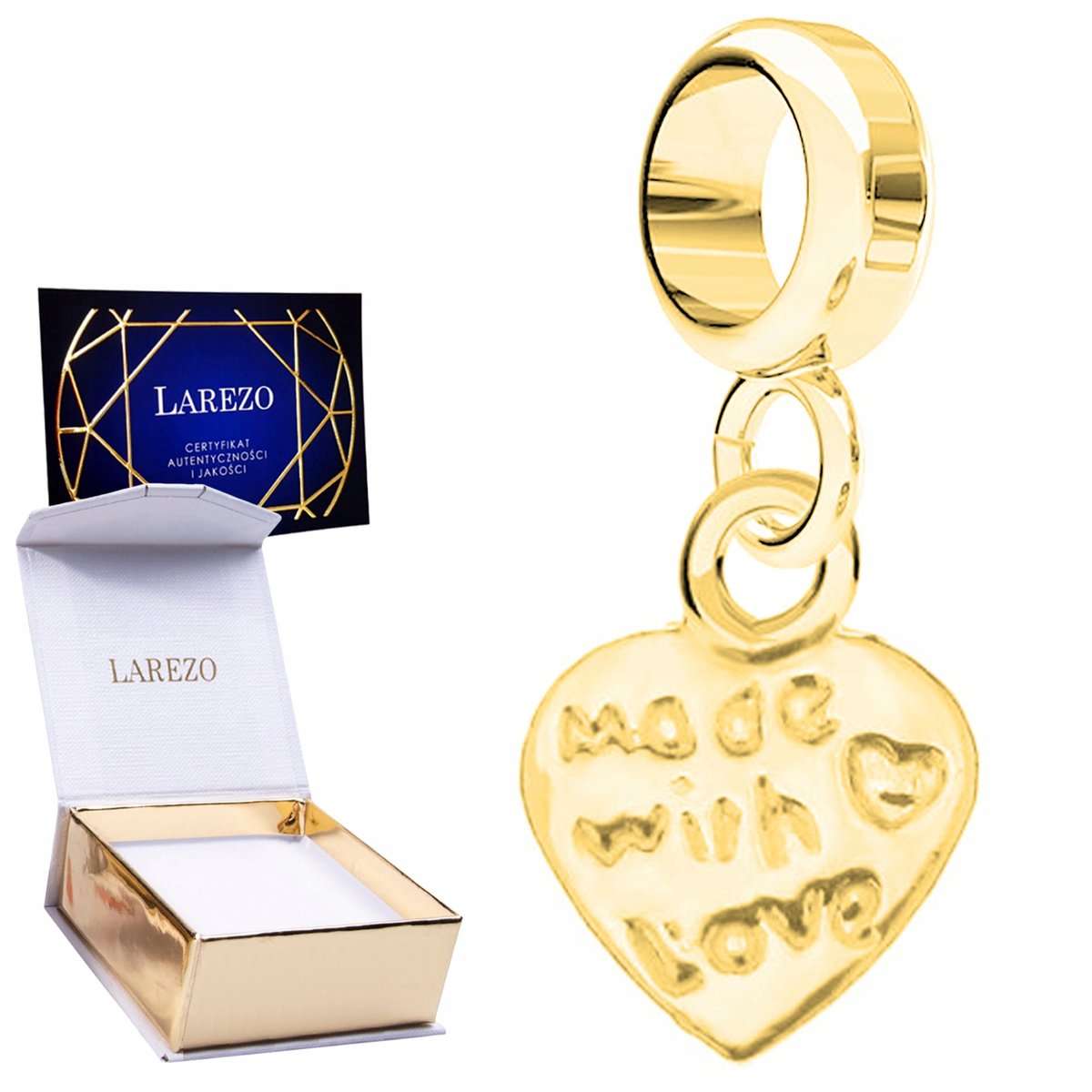 CHARMS ZŁOTY Wiszący Serce Serduszko z Napisem Napis Love Miłość SREBRO 925