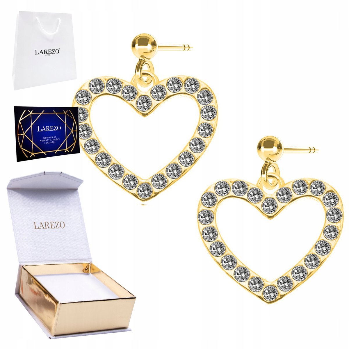 Złote Kolczyki 925 Lśniące Serca Pozłacane Serduszka Cyrkonie Kryształki
