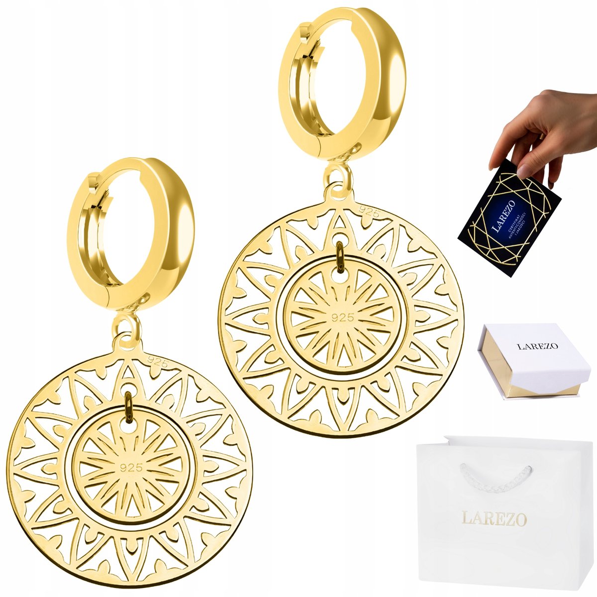 Złote Kolczyki 925 na Biglach Ażurowe Rozetki Ozdobny Wzór Okrągły Medalion