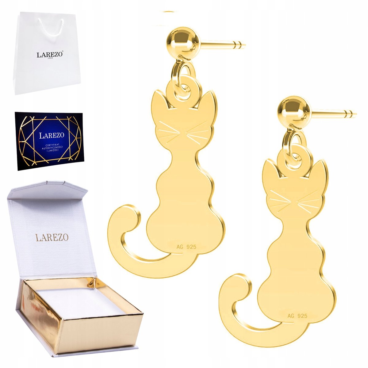 Piękne Złote Kolczyki 925 Blaszki z Kotami Pozłacane Koty Kotki na Sztyfcie