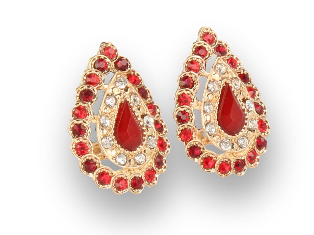 Klipsy do uszu złote z czerwonymi kryształkami łezki