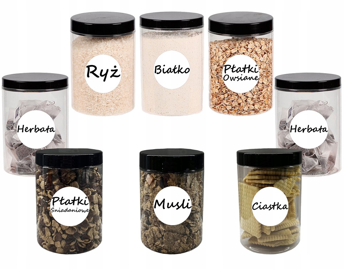 POJEMNIK PLASTIKOWY SŁOIK NA ŻYWNOŚĆ 1L 8 SZT + ETYKIETY